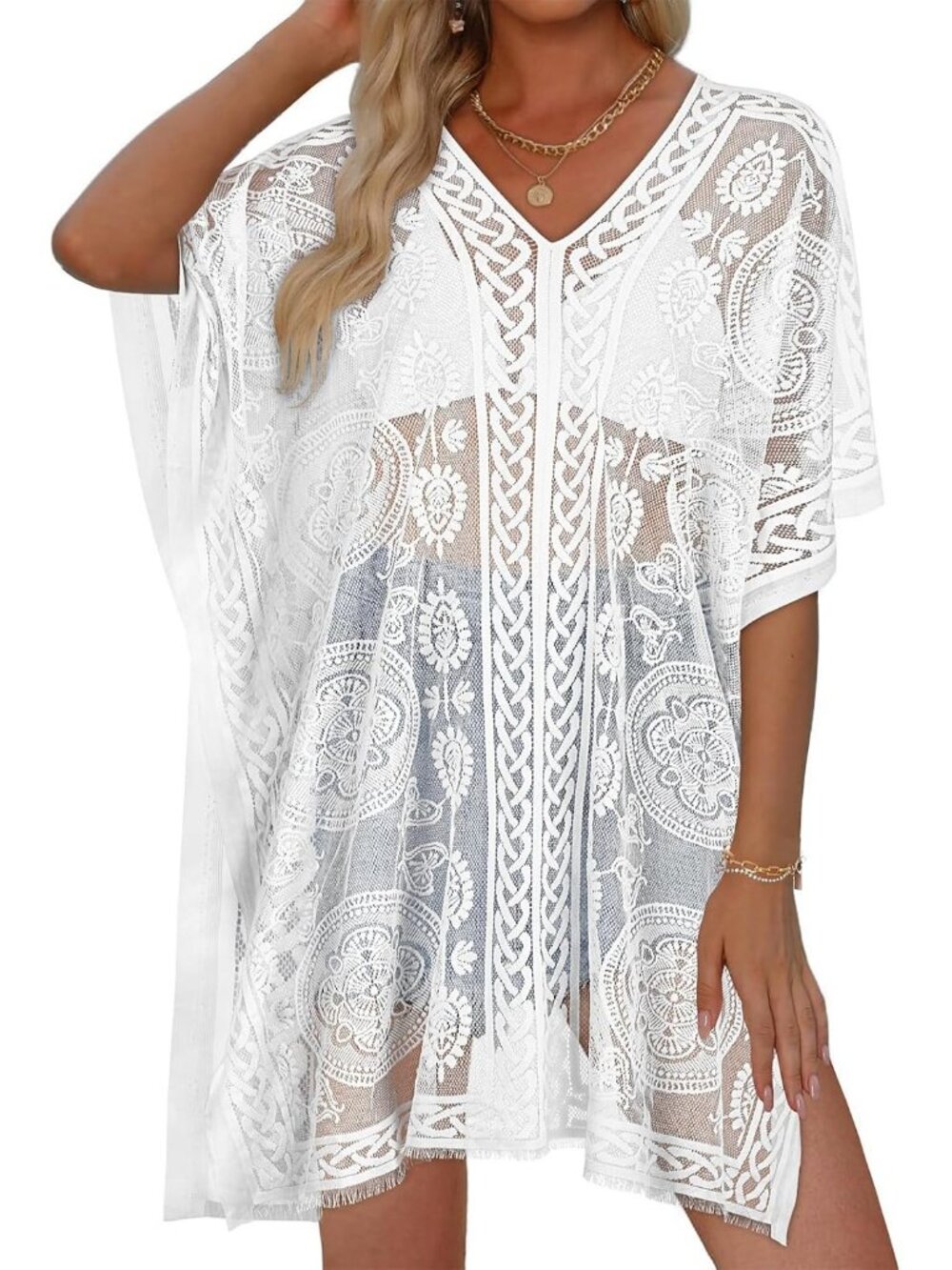 Women Pure White Polyester V Neck Laced Summer Swim Loose Bikni Coverup Dress